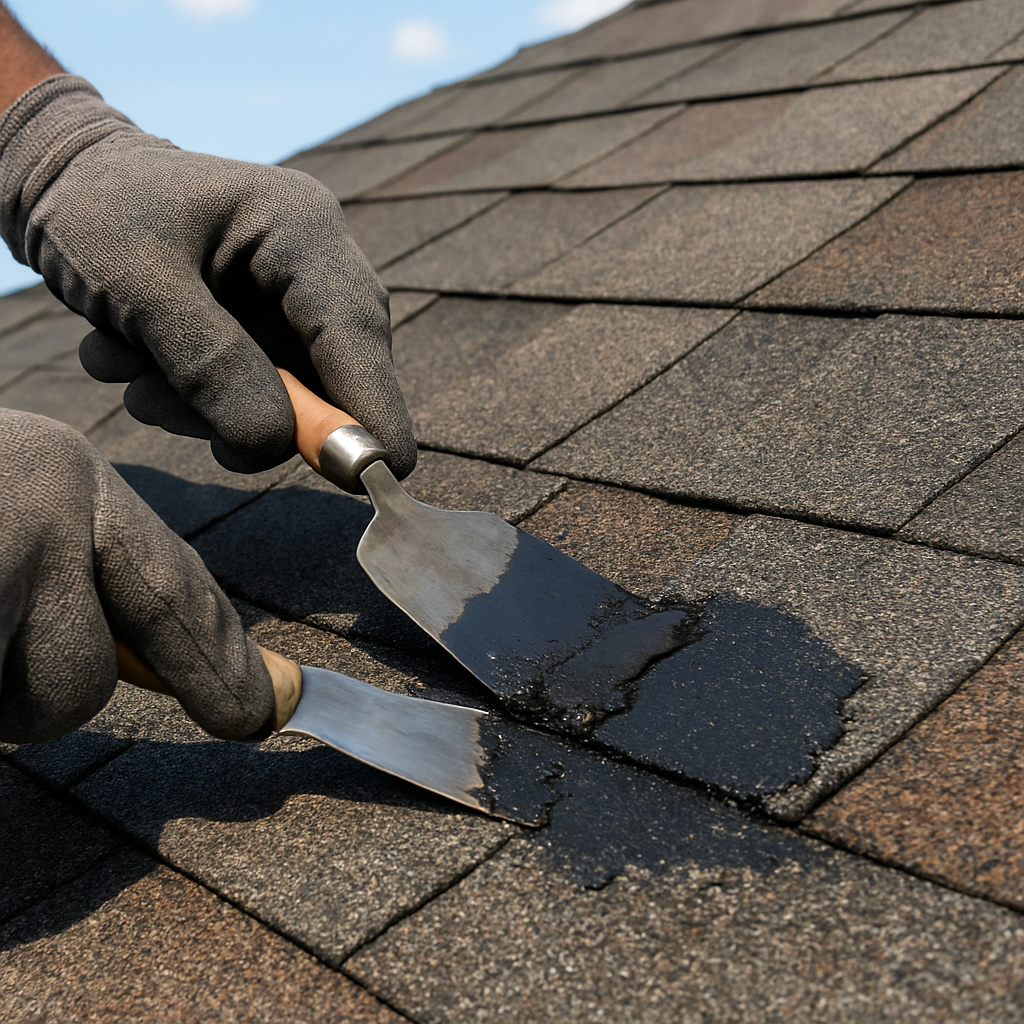 Roofer repairing asphalt shingles